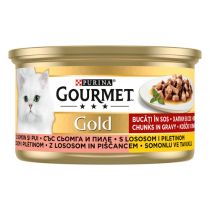 Gourmet Gold Sos İçinde Somon ve Tavuklu Parçalar mama ambalajı